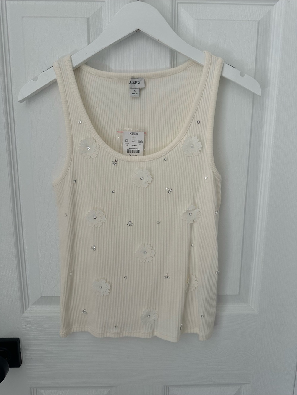 J. Crew Cream Ribbed Tank with Floral Sequin Accents